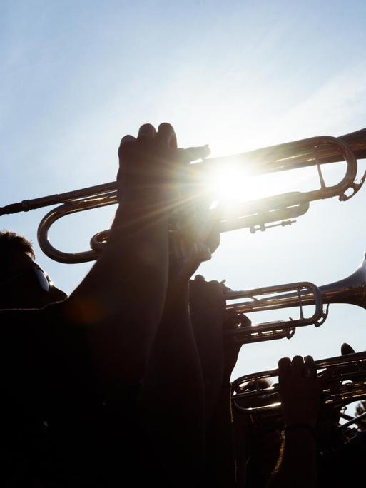 Eine Gruppe Musiker spielt bei strahlendem Sonnenschein im Berliner Mauerpark Trompete und Posaunen.