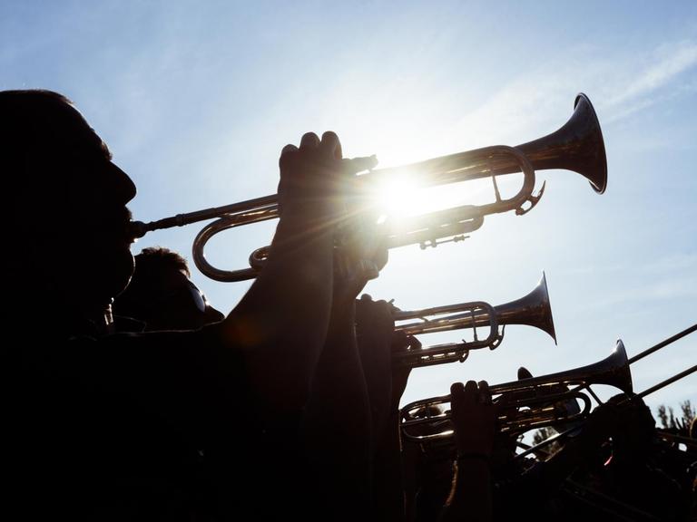 Eine Gruppe Musiker spielt bei strahlendem Sonnenschein im Berliner Mauerpark Trompete und Posaunen.