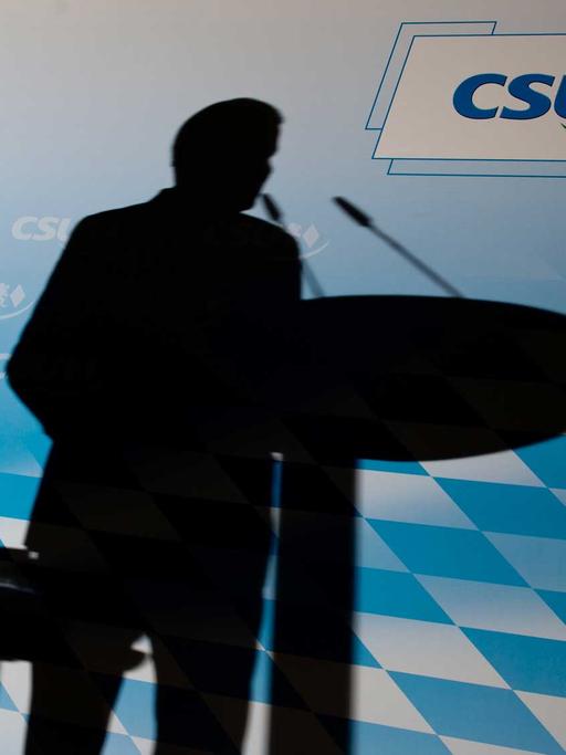 Der Schatten des CSU-Parteivorsitzenden Horst Seehofer ist am 26.05.2014 in München (Bayern) während einer Pressekonferenz im Anschluss an die CSU-Vorstandssitzung an der Bühnenrückwand zu sehen.