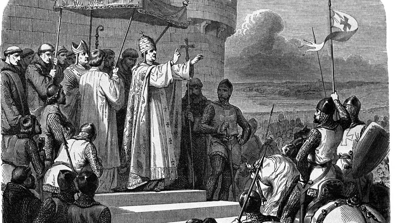 Papst Urban II. ruft am 27. November 1095 auf der Synode von Clermont zum Kreuzzug auf. (Stahlstich um 1800)