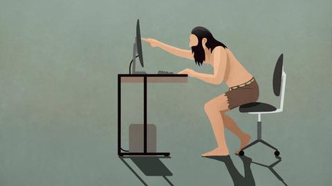 Eine Illustration zeigt einen bärtigen Höhlenmensch, der einen Computerbildschirm berührt.