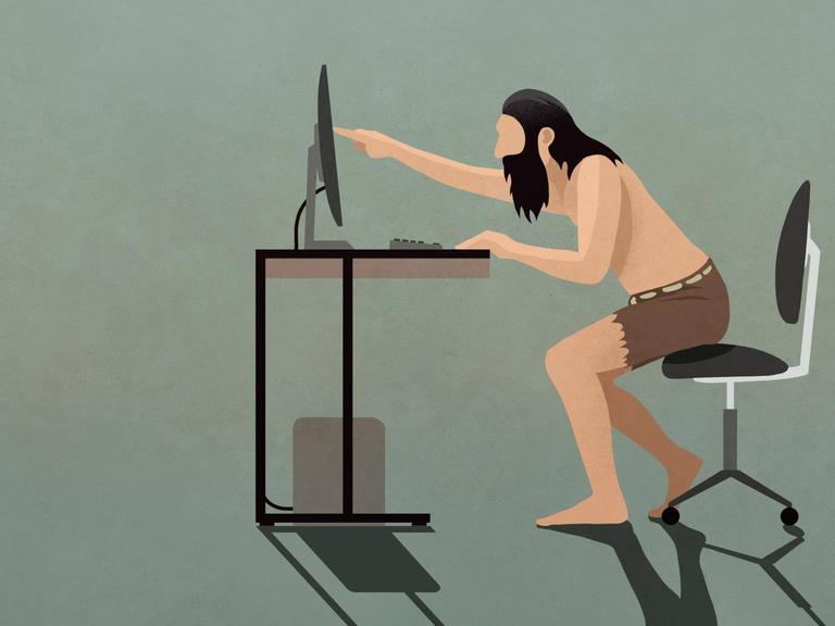 Eine Illustration zeigt einen bärtigen Höhlenmensch, der einen Computerbildschirm berührt.