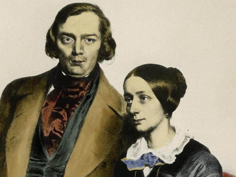 Musiker und Komponisten Robert und Clara Schumann auf einer Lithograpie aus dem Jahr 1847 von Eduard Kaiser, spätere Kolorierung.