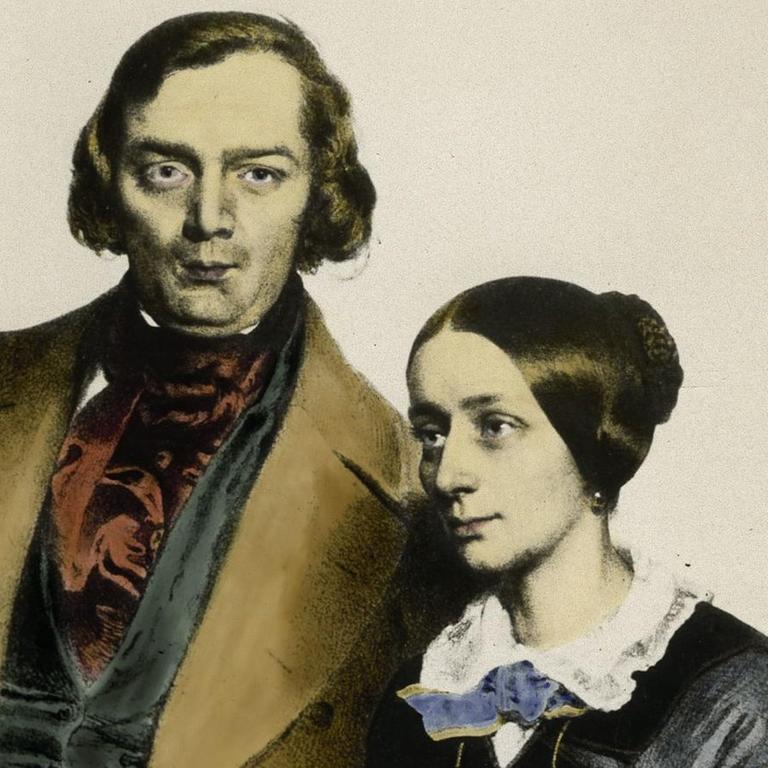Musiker und Komponisten Robert und Clara Schumann auf einer Lithograpie aus dem Jahr 1847 von Eduard Kaiser, spätere Kolorierung.