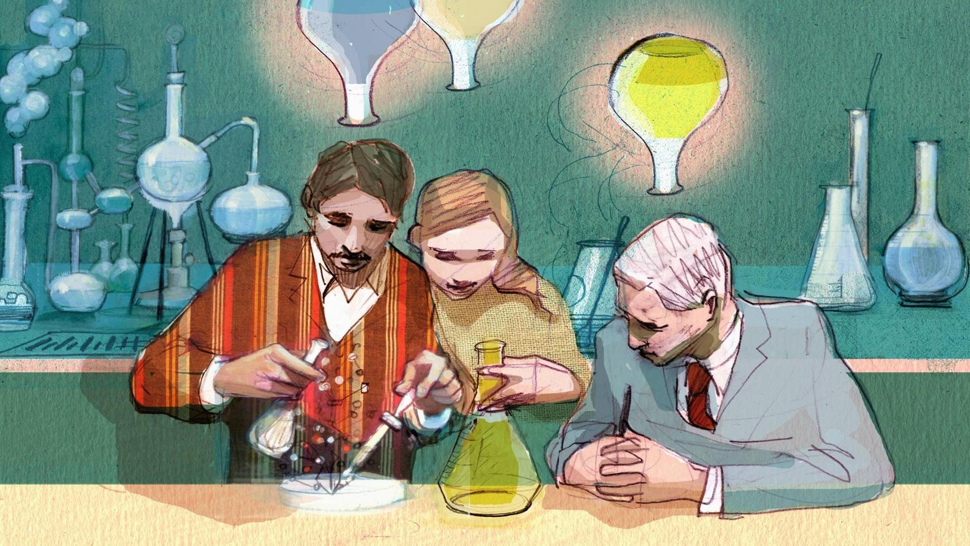 Illustration von Wissenschaftlerinnen und Wissenschaftlern, die zusammen im Labor arbeiten und mit Laborflaschen hantieren.