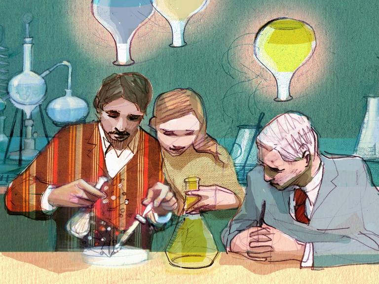 Illustration von Wissenschaftlerinnen und Wissenschaftlern, die zusammen im Labor arbeiten und mit Laborflaschen hantieren.