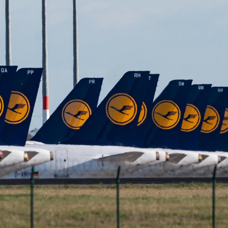 Lufthansa-Maschinen sind auf dem Vorfeld des Flughafen Berlin Schönefeld geparkt.