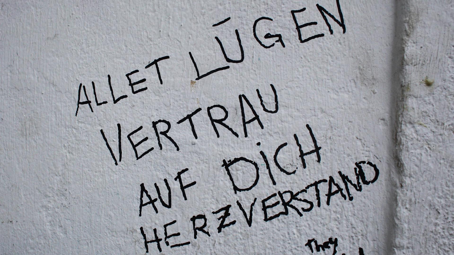 Die Worte "Allet Lügen vertrau auf Dich Herzverstand" sind am 11.12.2017 in Berlin mit Filzstift auf eine Hauswand geschrieben.