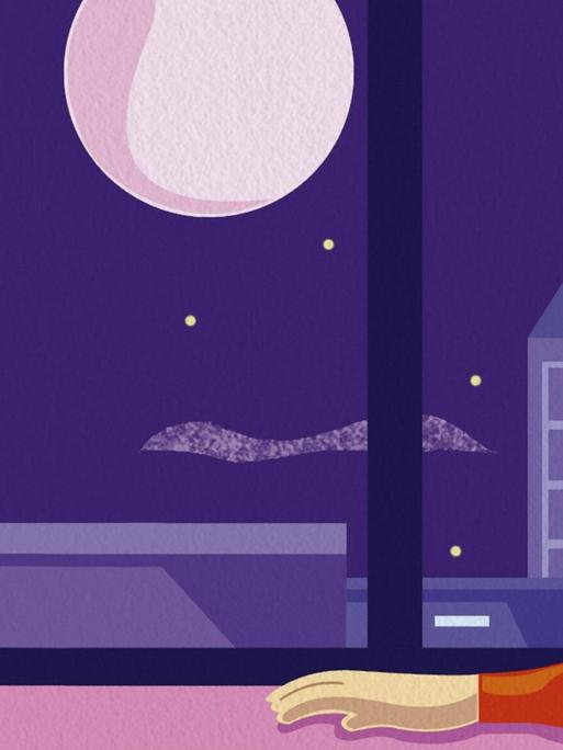 Illustration eines Mannes, der weinend, mit Alkohol und Zigarette am Tisch sitzt und sehnsüchtig den Mond durch das Fenster anschaut.