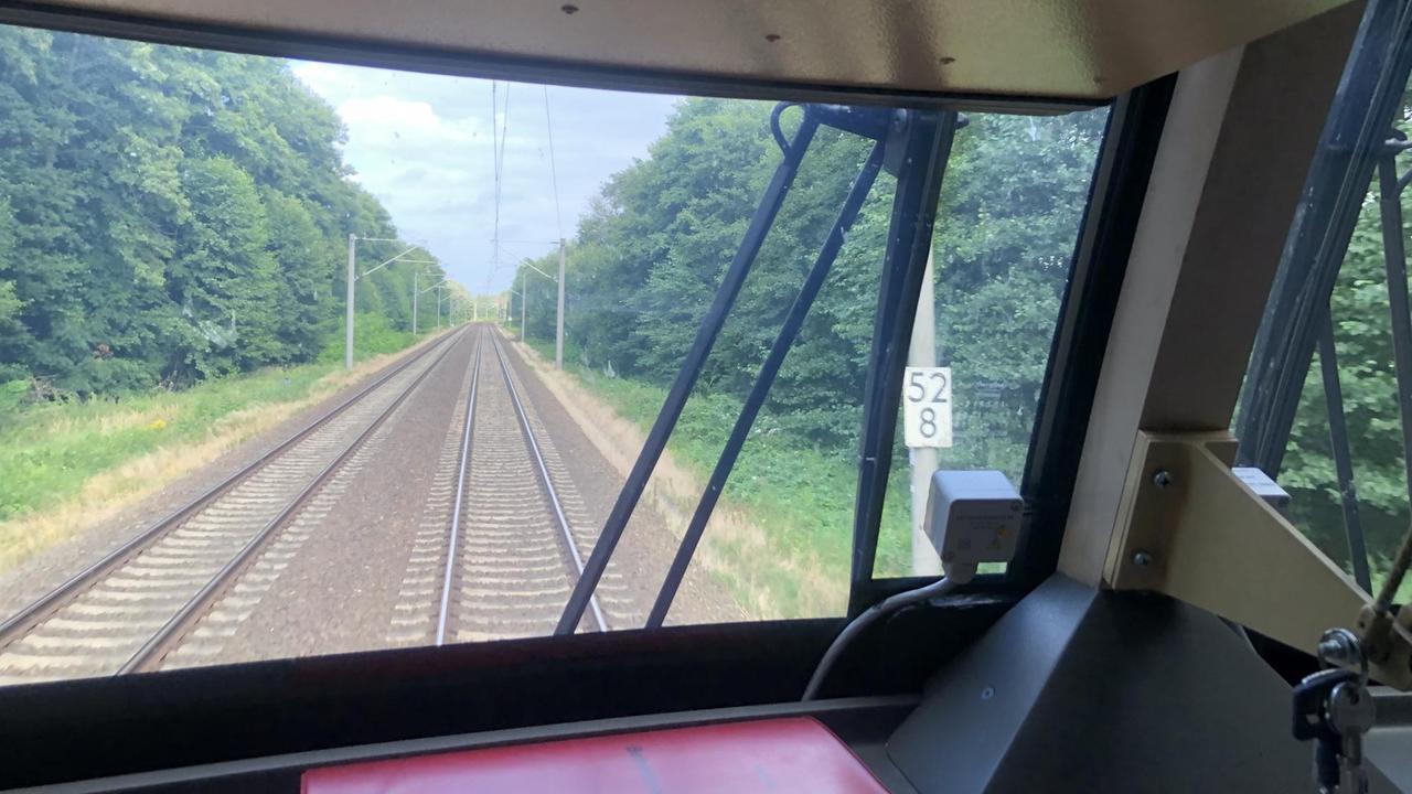 Blick aus dem Cockpit eines fahrenden Zuges auf Gleise und Wald am Rand