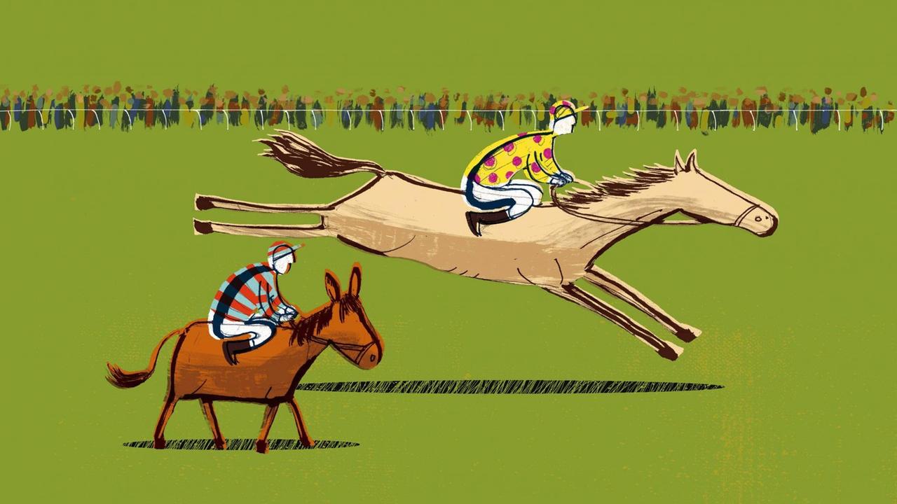 Illustration von zwei Jockeys mit Pferd und Esel im Rennen. Das Pferd zieht in großen Schritten am Esel vorbei.