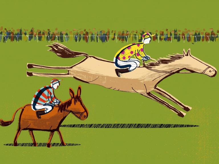 Illustration von zwei Jockeys mit Pferd und Esel im Rennen. Das Pferd zieht in großen Schritten am Esel vorbei.