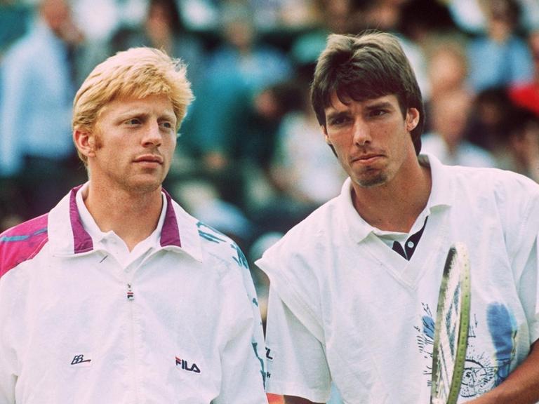 Deutsches Wimbledon-Finale 1991: Michael Stich (r) und Boris Becker vor dem Endspiel. Stich gewann in drei Sätzen.
