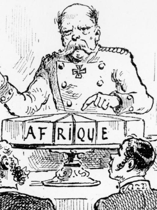 Französische Karikatur auf der Bismarck Afrika als Kuchen verteilt. Holzstich. Aus: L’Illustration, 1885.