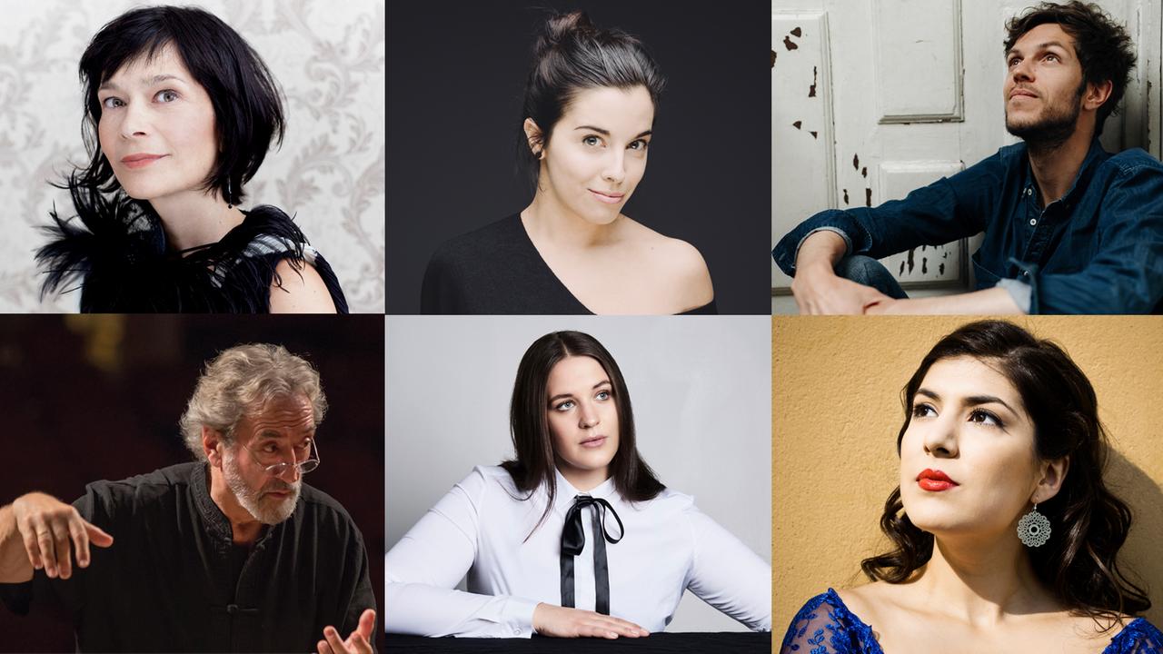 Sechs Fotos sind zusammengestellt, darauf sind jeweils vier Frauen und zwei Männer. Alle sind Musiker bzw. Musikerinnen. Es sind: Sandrine Piau, Jodie Devos und Raphaël Pichon (oben) und Jordi Savall, Lise Davidsen und Schaghajegh Nosrati (unten).