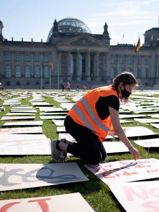 Im Vordergrund kniet eine Jugendliche auf der Wiese vor dem Reichstag. Sie legt ein Plakat aus. Um sie herum liegen tausende Plakate mit Aufschriften wie "Act now".