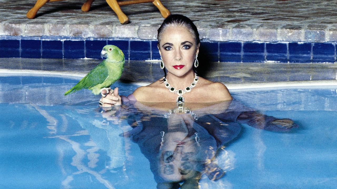 Elizabeth Taylor sitzt in einem Swimming Pool. Auf Ihrer rechten Hand sitzt ein grüner Papagei. Das Foto ist 1989 für die Vanity Fair in Los Angeles entstanden.