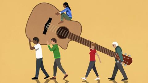 Illustration: Eine Diverse Menschengruppe trägt eine übergrosse Gitarre.