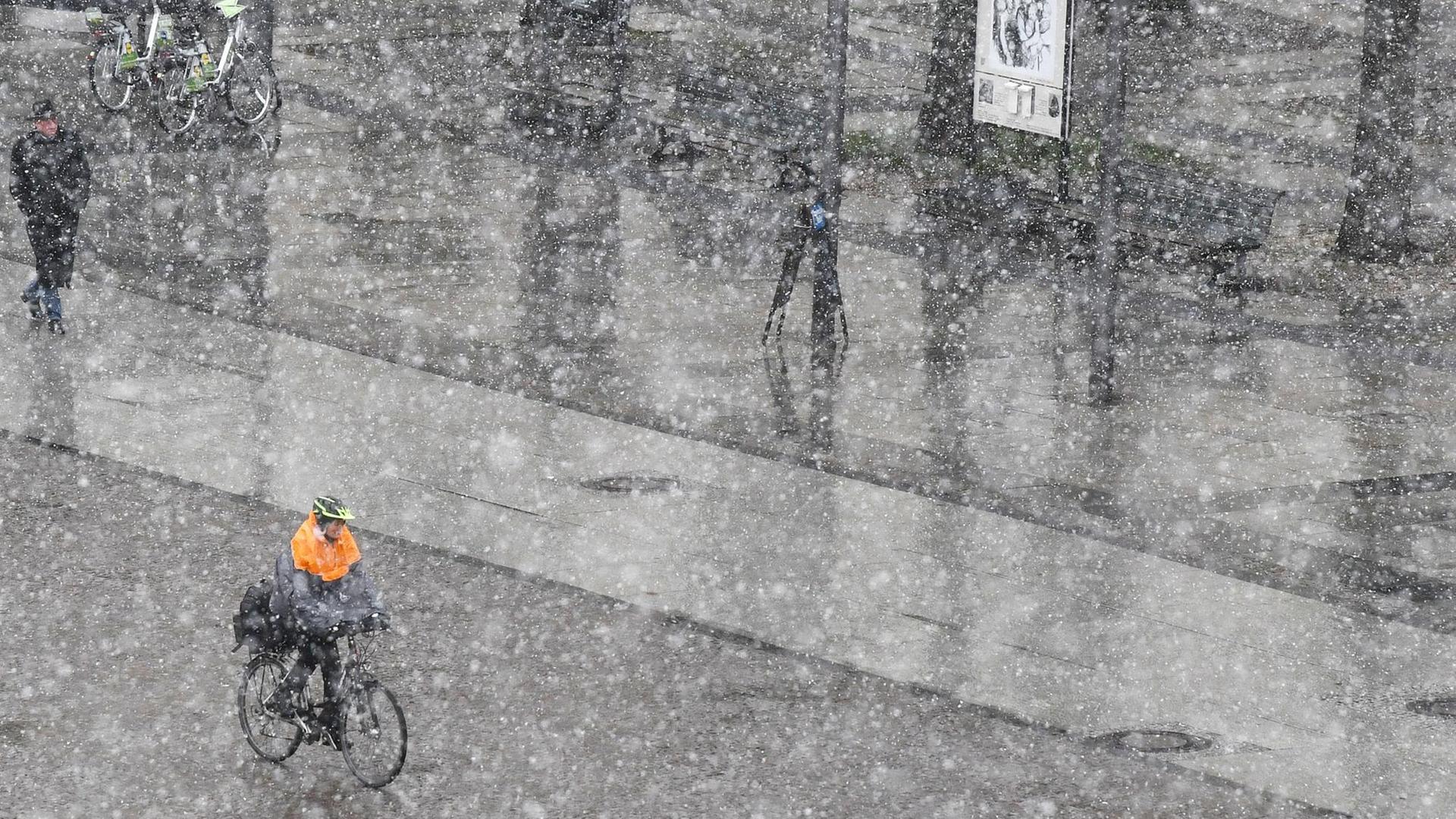 Ein Fahrradfahrer fährt am 17.01.2018 auf der Allee Unter den Linden in Berlin durch das Schneegestöber.
