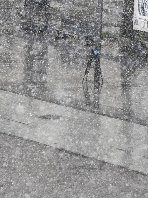 Ein Fahrradfahrer fährt am 17.01.2018 auf der Allee Unter den Linden in Berlin durch das Schneegestöber.
