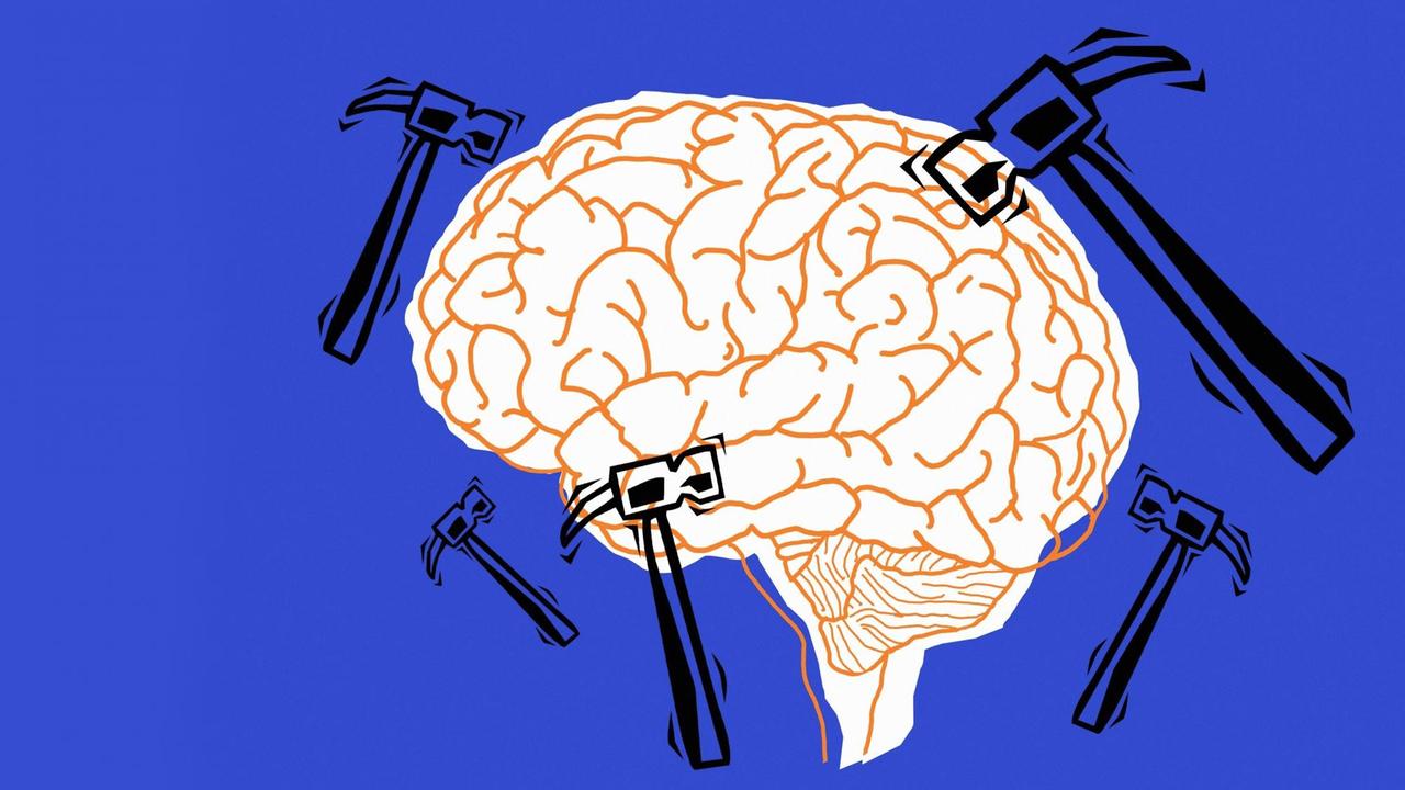 Illustration eines Gehirns umringt von Hämmern.