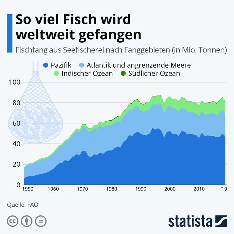 Die Grafik zeigt, wie viel Fisch in den Jahren 1950 bis 2019 in den Weltmeeren gefangen wurde.