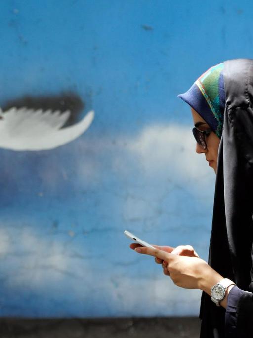 Straßenszene in Teheran: Eine Frau läuft vor einer Wand entlang, auf der eine Taube aufgemalt ist