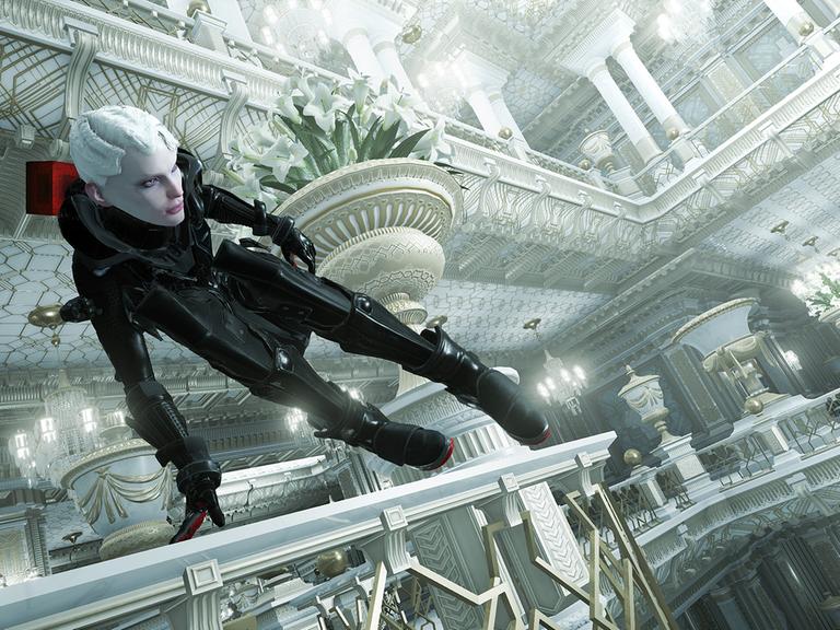 Ein Screenshot aus "Echo" - die weißhaarige Protagonistin in ihrem Science-Fiction-Anzug schwingt sich über ein Geländer in einem barock anmutenden Abschnitt des Palastes