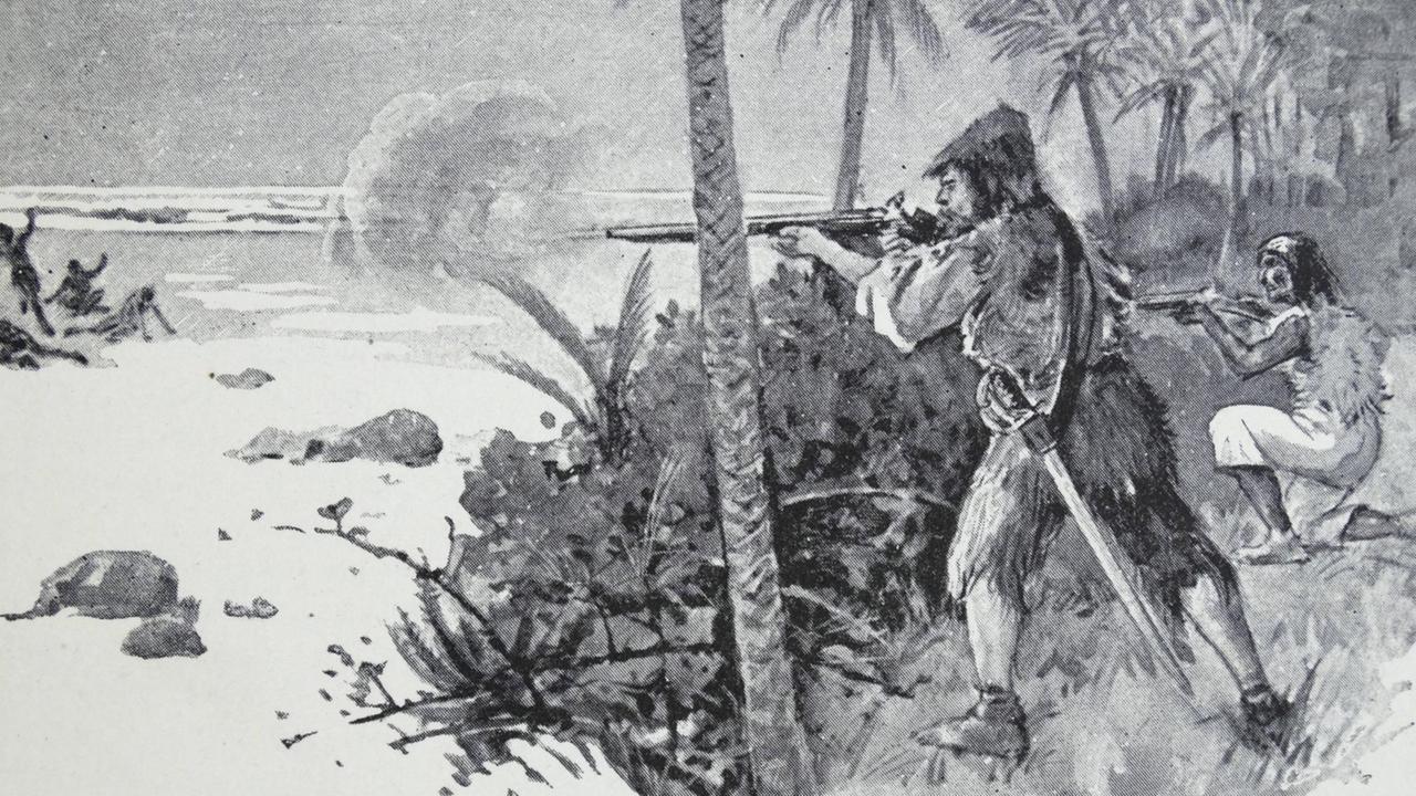 Eine gezeichnete Illustration zeigt Robinson Crusoe und seinen Partner Freitag, die aus den Büschen auf Personen am Strand schießen