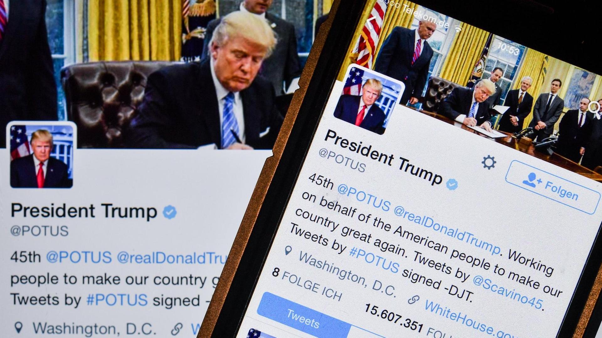 Der Twitter-Account des Präsidenten der Vereinigten Staaten von Amerika, Donald Trump, auf einem Smartphone und einem Tablet.