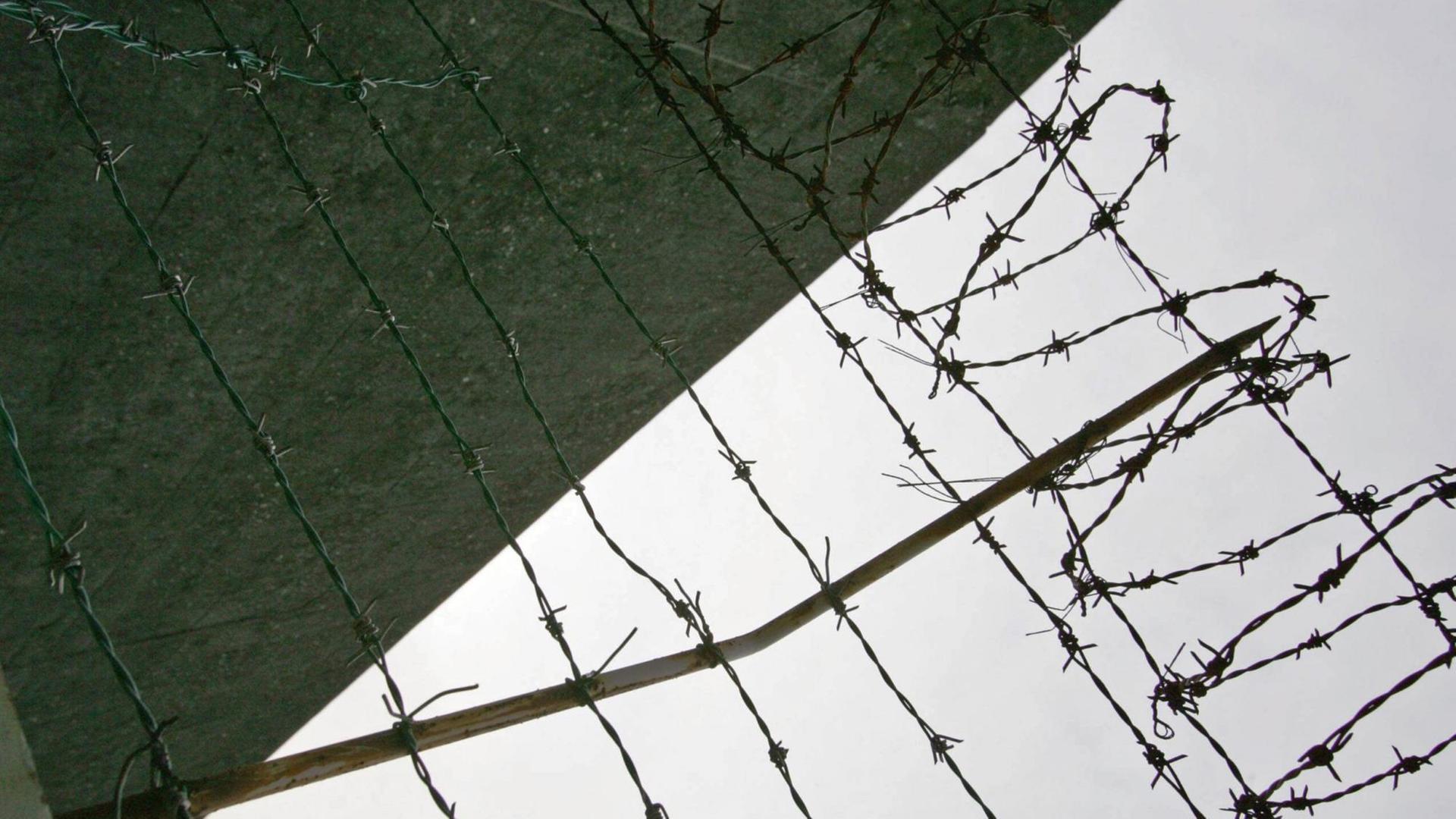 Stacheldraht an der Mauer des Kosuge-Gefängnisses in Tokio, Japan