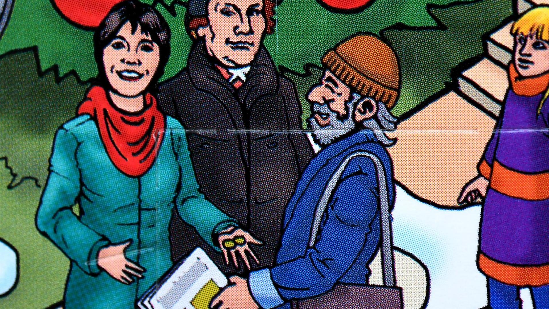 Die Theologin Margot Käßmann sowie Martin Luther und ein Straßenmagazinverkäufer sind auf einem Adventskalender abgebildet.