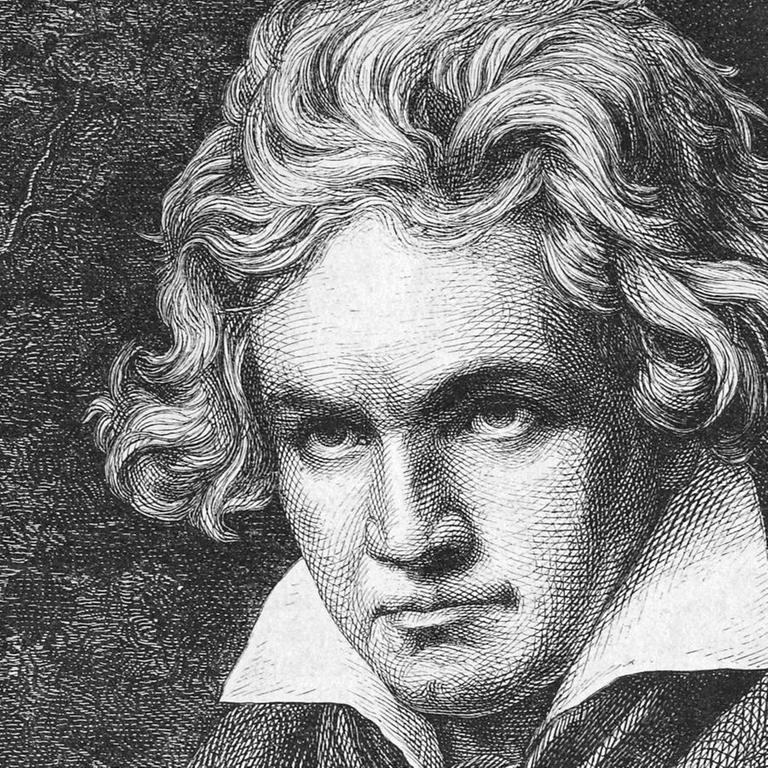Ein schwarz-weiß Holzstich des Komponisten Ludwig van Beethoven, der gerade etwas notiert.