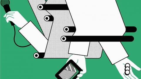 Illustration: Aus einer Druckerpresse ragen Arme mit Mikrofon, Notizblock und Kamera