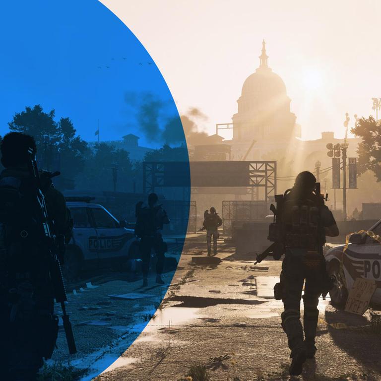 Ein Screenshot aus dem Ubisoft-Titel "Tom Clancy's The Division 2" - bewaffnete Kämpfer rücken durch ein zerstörtes Washington DC in Richtung Capitol Hill vor.