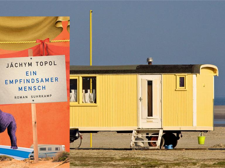 Cover: Jáchym Topol "Ein empfindsamer Mensch", Suhrkamp Verlag, im Hintergrund ein Wohnwagen