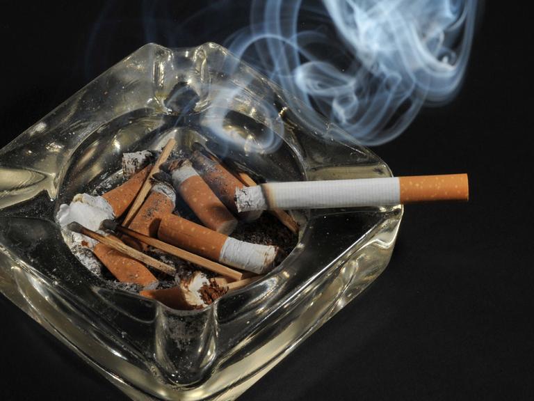 Eine Zigarette, bei der Rauch aufsteigt, auf einem Aschenbecher, in dem mehrere ausgedrückte Zigaretten und Streichhölzer liegen, vor schwarzem Hintergrund