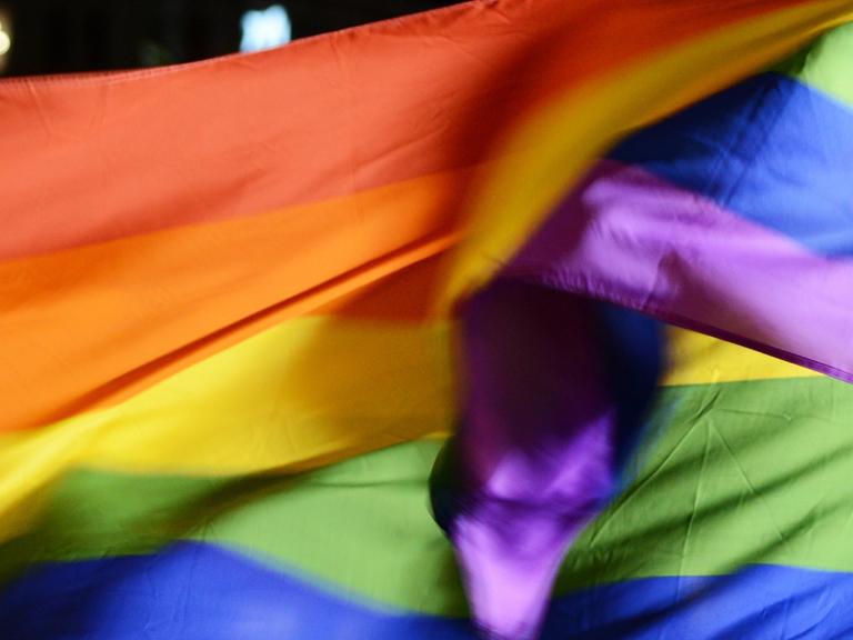 Wehende Regenbogenflaggen auf einer Demonstration.