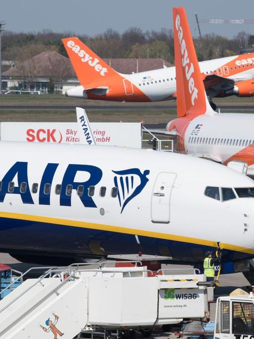Flugzeuge der Gesellschaften Ryanair und Easyjet stehen auf dem Rollfeld des Flughafen Tegel.