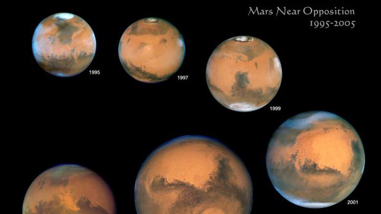 Die Jahreszeiten auf Mars entstehen wie bei der Erde: Mal ist die Nordhalbkugel stärker zur Sonne geneigt, dann die Südhalbkugel