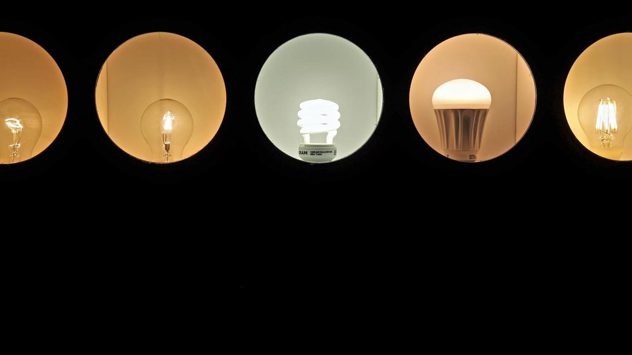 Eine herkömmliche "Glühbirne" (l-r), eine Halogenlampe, eine Energiesparlampe, eine LED-Lampe und eine "vosLED-Glühbirne" brennen am 16.06.2015 in der Vosla-GmbH in Plauen (Sachsen).