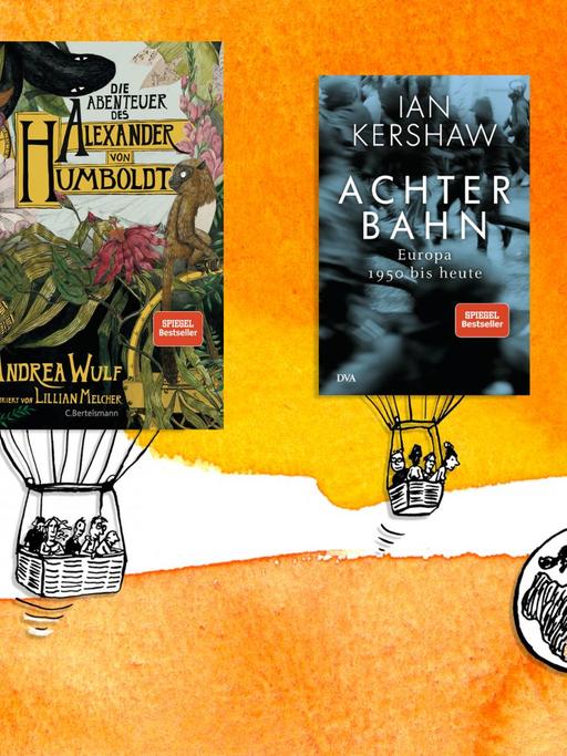 Montage mit den Covern der drei erstplatzierten Bücher der Sachbuchbestenliste Mai 2019: Andrea Wulf: "Die Abenteuer des Alexander von Humboldt"; Arnulf Conradi: "Zen und die Kunst der Vogelbeobachtung" Ian Kershaw: "Achterbahn. Europa 1950 bis heute"
