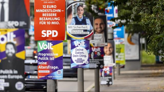 Plakate von verschiedenen Parteien  hängen an Laternenpfählen.