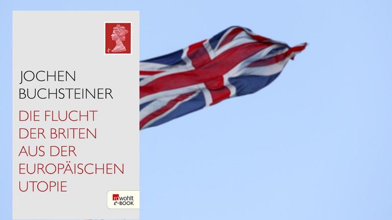 Hintergrund: London: Britischer Union Jack an einem Fahnenmast. Vordergrund: Buchcover