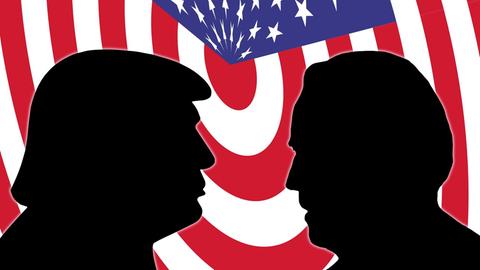Donald J. Trump und Joe Biden vor US-Flagge (Fotomontage)