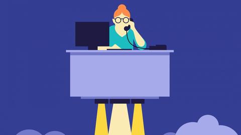 Geschäftsfrau am Schreibtisch hebt ab (Illustration)