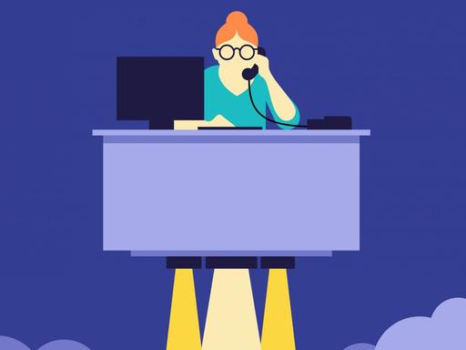 Geschäftsfrau am Schreibtisch hebt ab (Illustration)