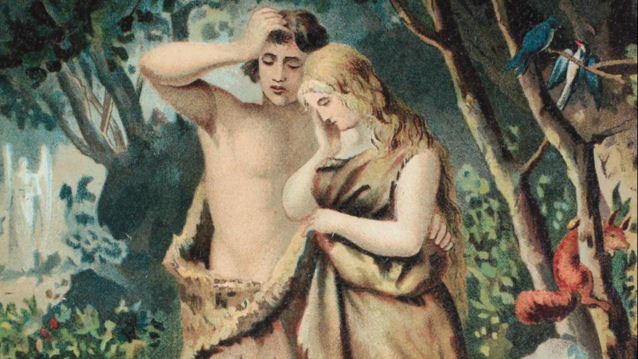 Adam und Eva im Paradies, Chromolithographie aus einer Hausbibel, ca. 1870.