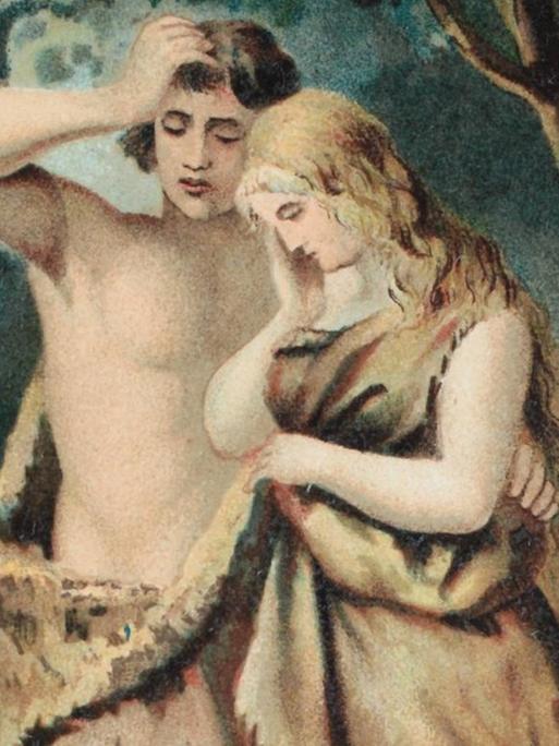 Adam und Eva im Paradies, Chromolithographie aus einer Hausbibel, ca. 1870.