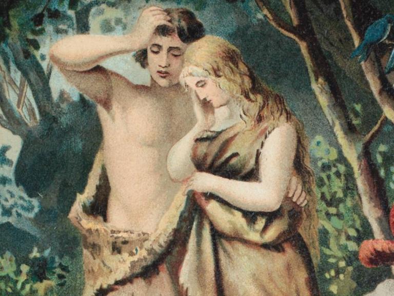 Adam und Eva im Paradies, Chromolithographie aus einer Hausbibel, ca. 1870.